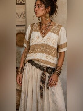 Franco Valeri Textured Boho Knit Sweater | Anthropologie Style, Medium